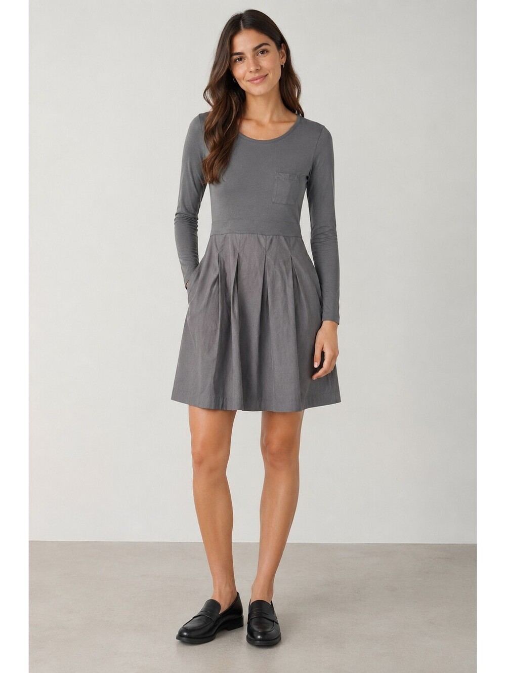 COS Gray Long Sleeve Cotton Fit & Flare Pocket Dress XS Minimalist